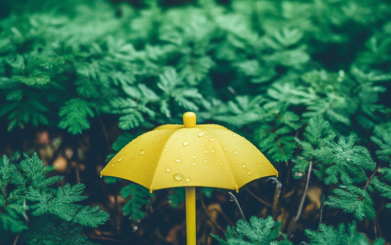 绿植中间黄色雨伞下雨特写,高清,摄影图,摄影图片,图片大全,摄影图免费下载
